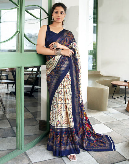 Navy Blue Printed Silk Saree