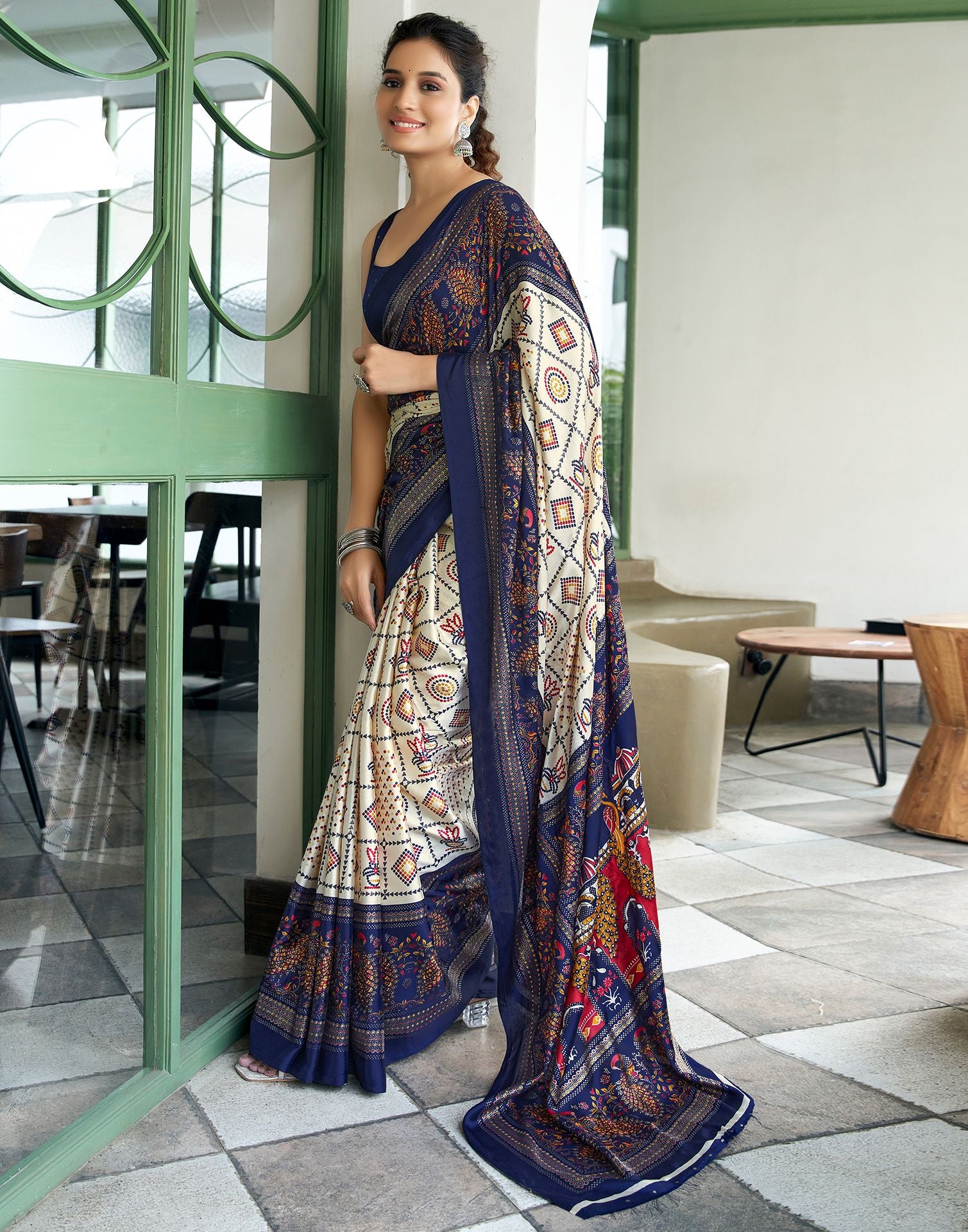 Navy Blue Printed Silk Saree