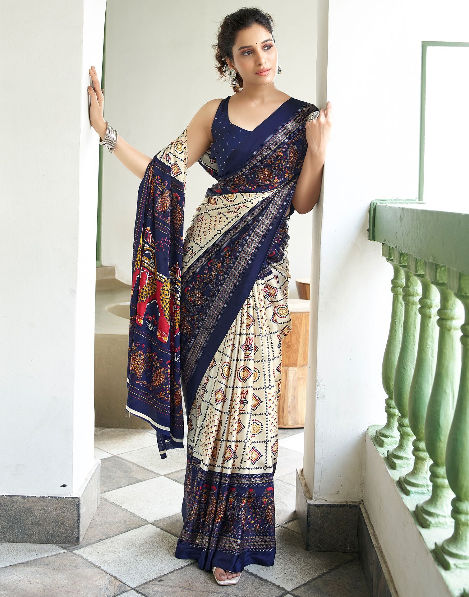 Navy Blue Printed Silk Saree