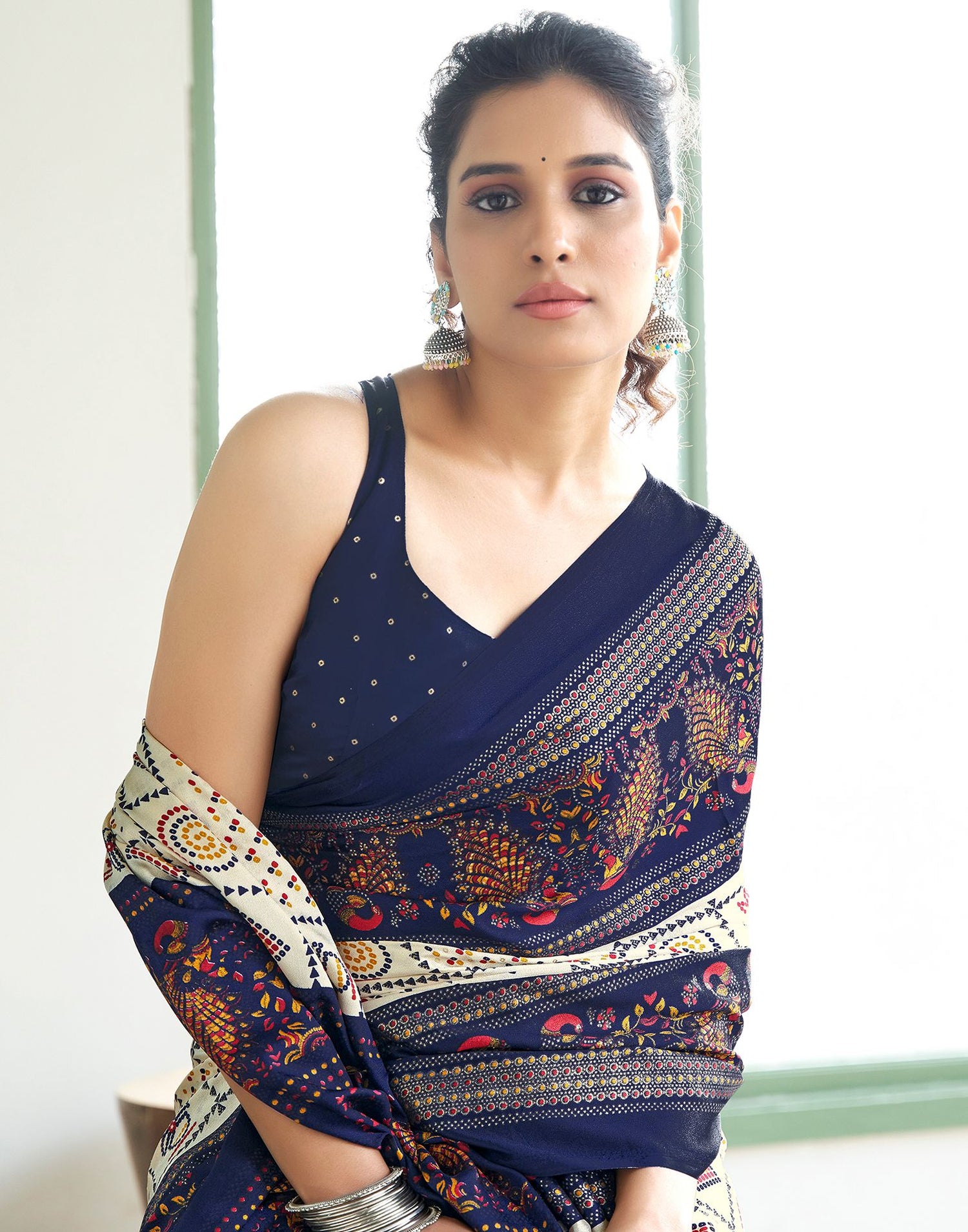 Navy Blue Printed Silk Saree