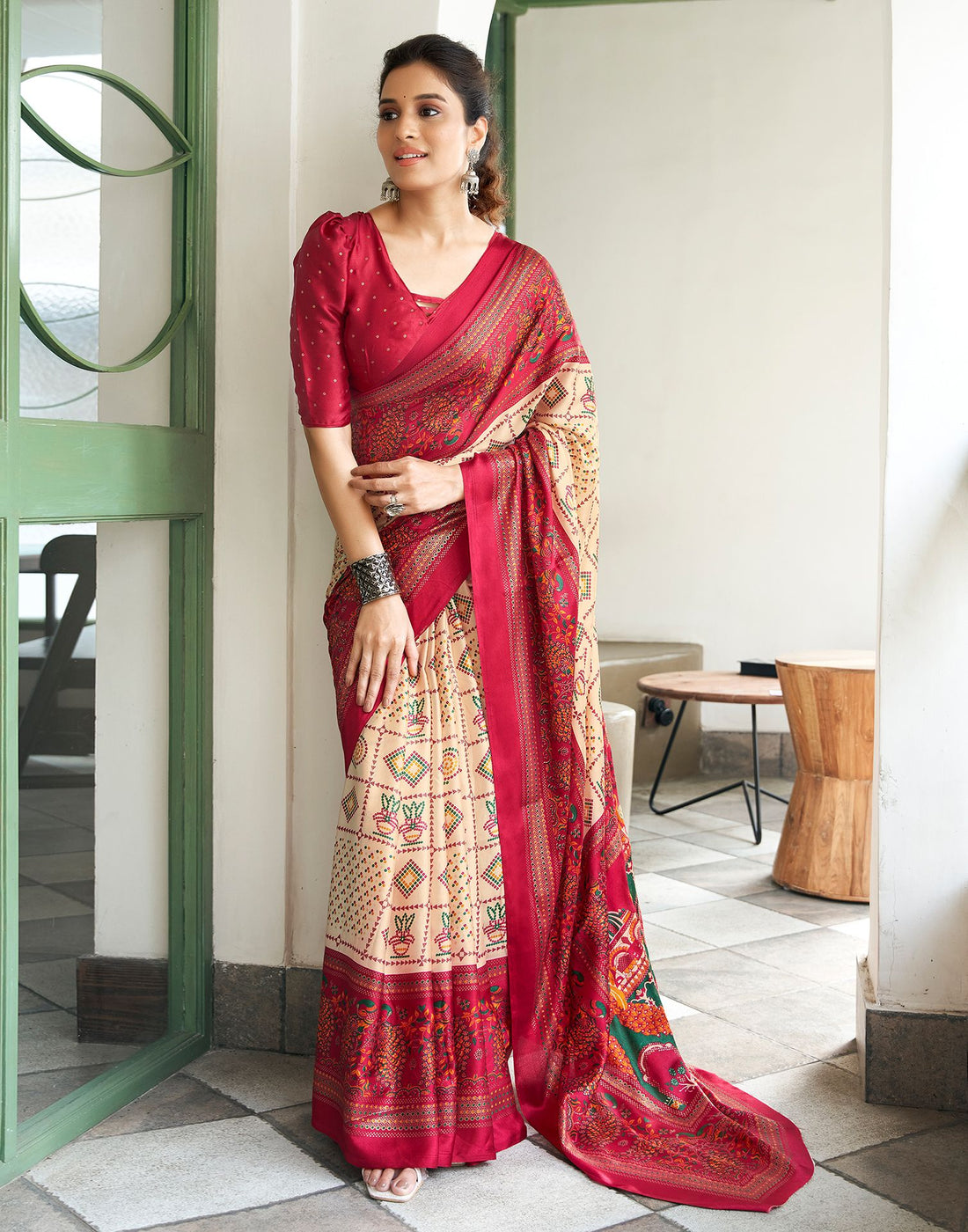 Maroon Printed Silk Saree