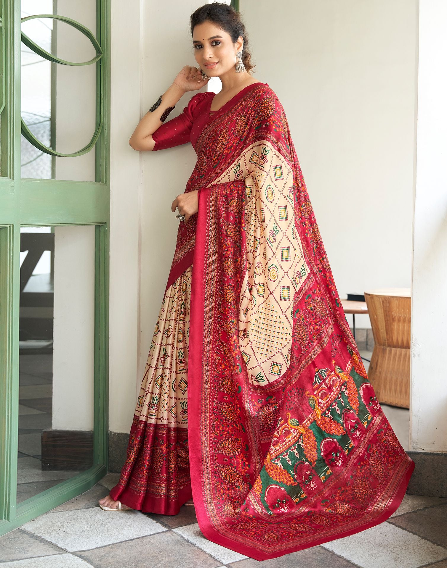 Maroon Printed Silk Saree