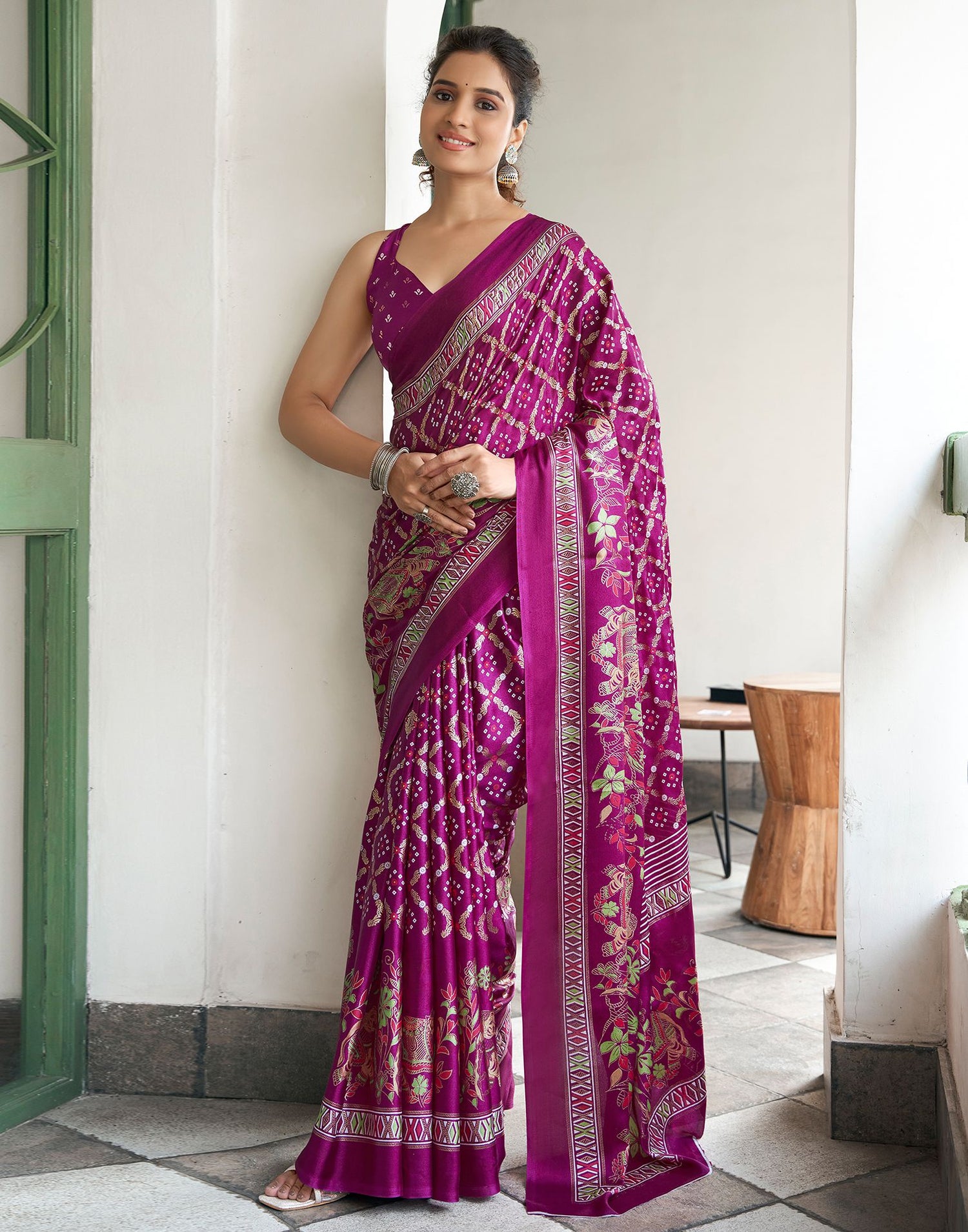 Magenta Printed Silk Saree