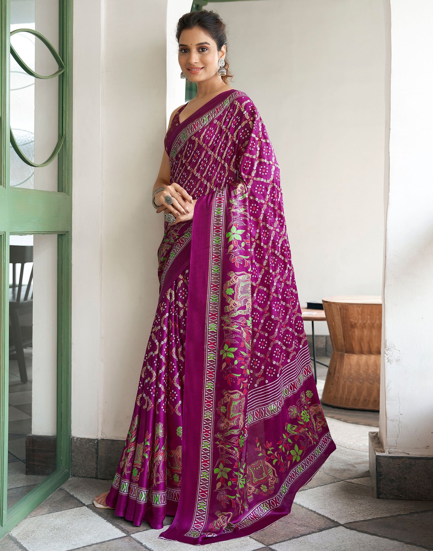 Magenta Printed Silk Saree