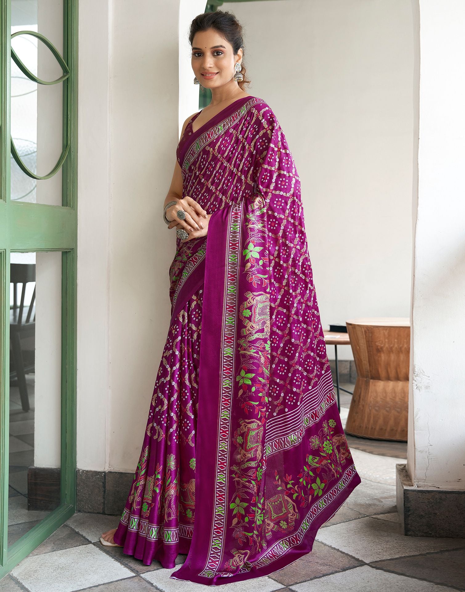 Magenta Printed Silk Saree