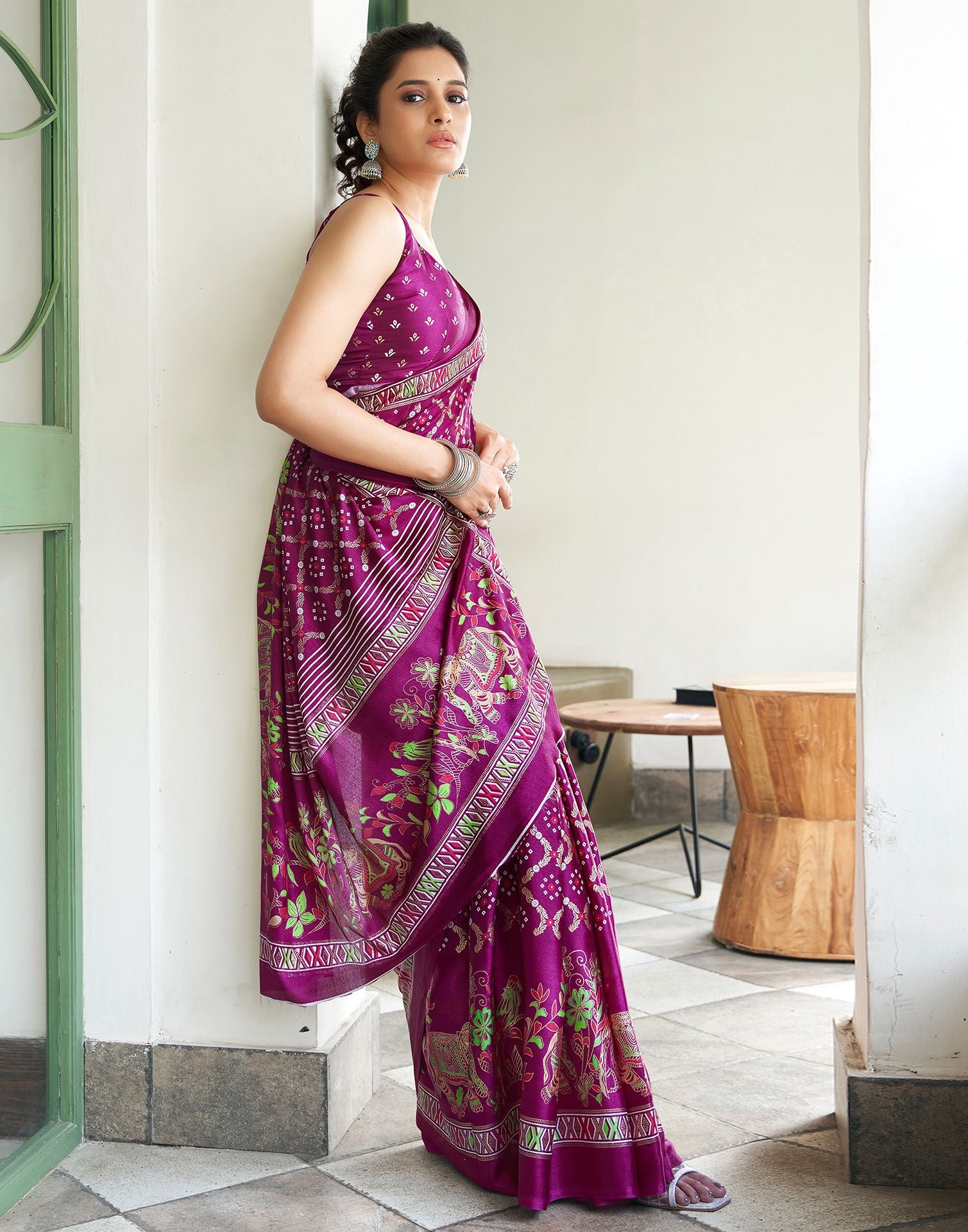 Magenta Printed Silk Saree