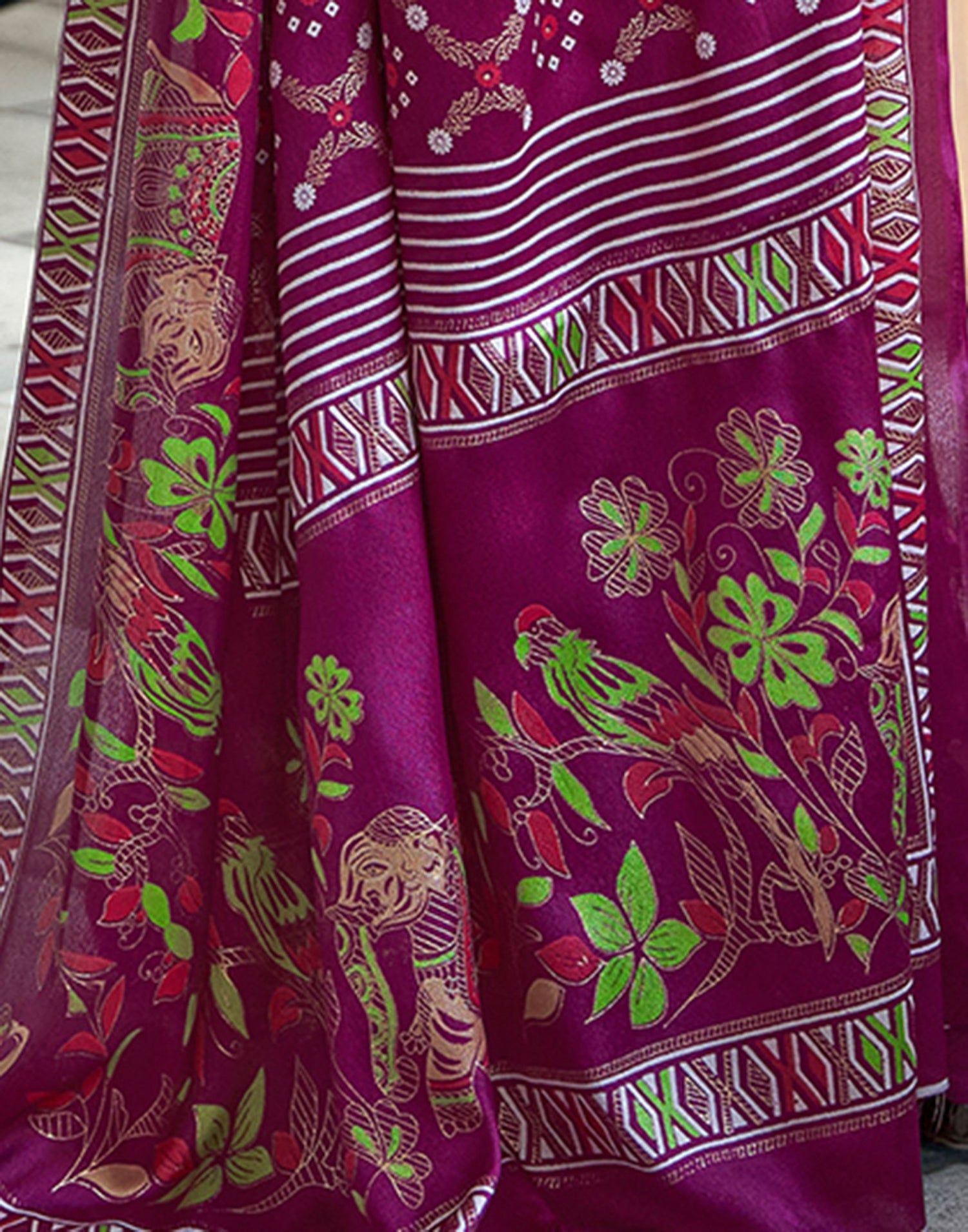 Magenta Printed Silk Saree