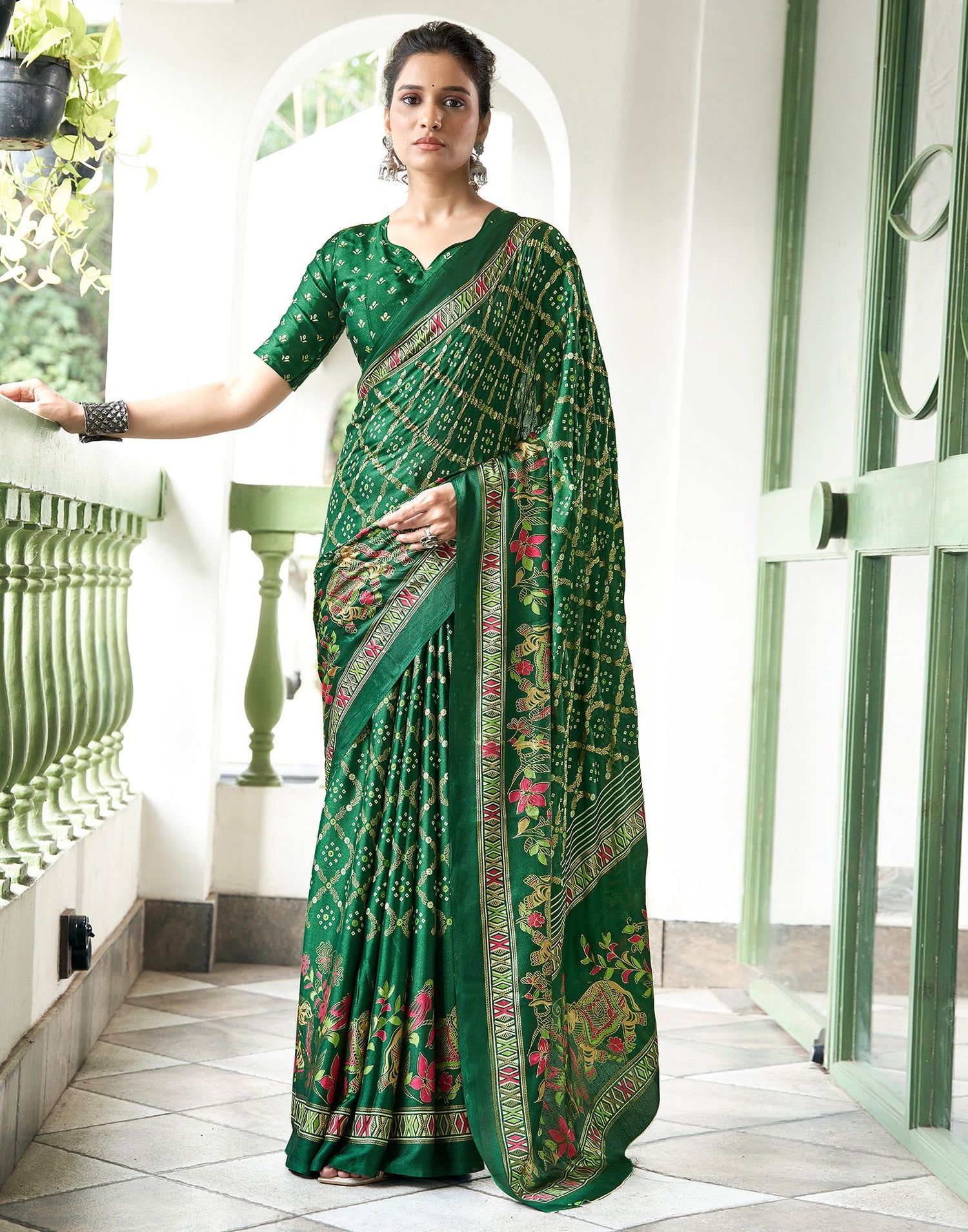 Green Printed Silk Saree