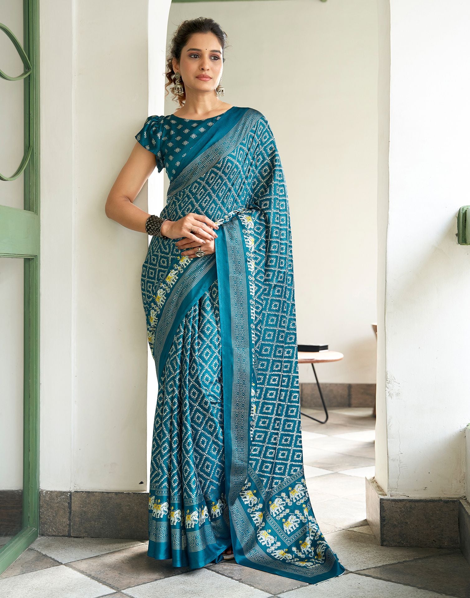 Dark Teal Blue Printed Silk Saree