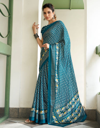 Dark Teal Blue Printed Silk Saree