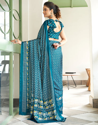 Dark Teal Blue Printed Silk Saree