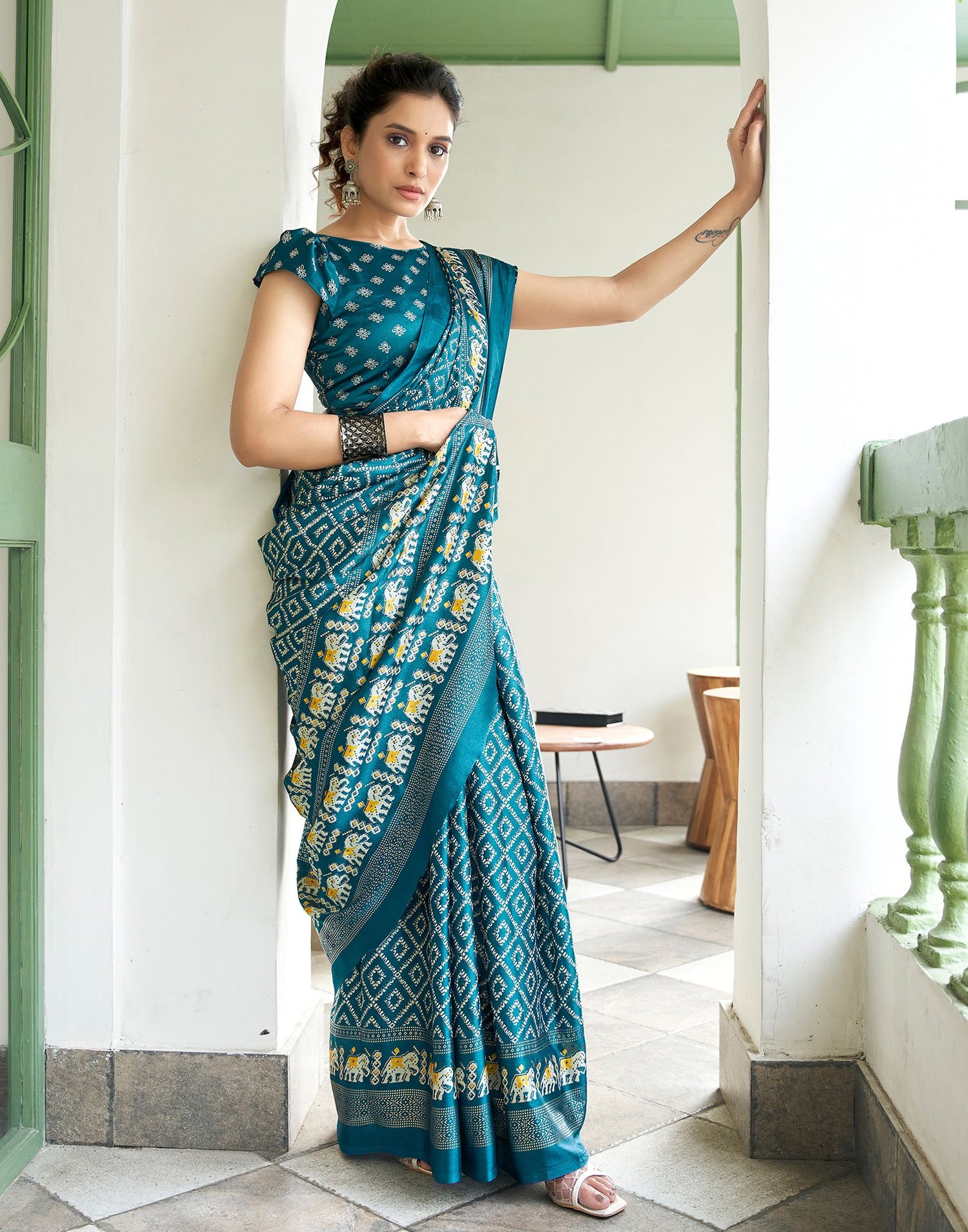 Dark Teal Blue Printed Silk Saree