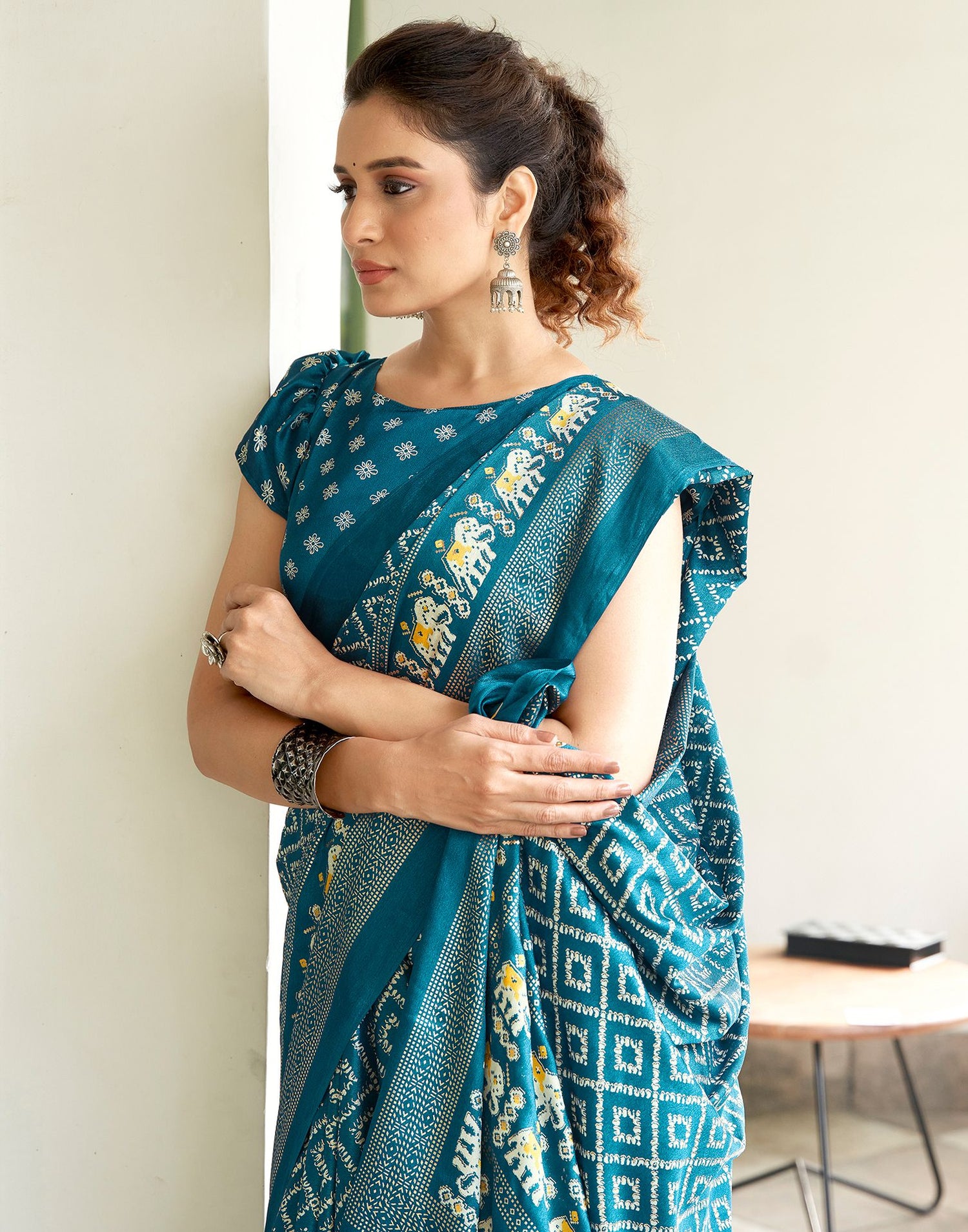 Dark Teal Blue Printed Silk Saree