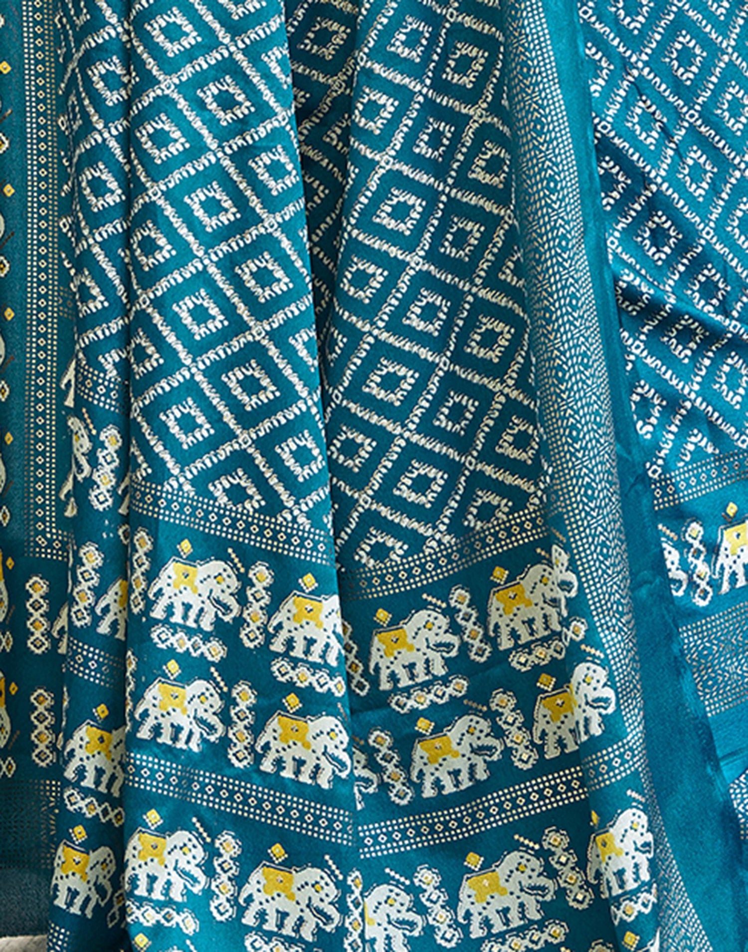 Dark Teal Blue Printed Silk Saree