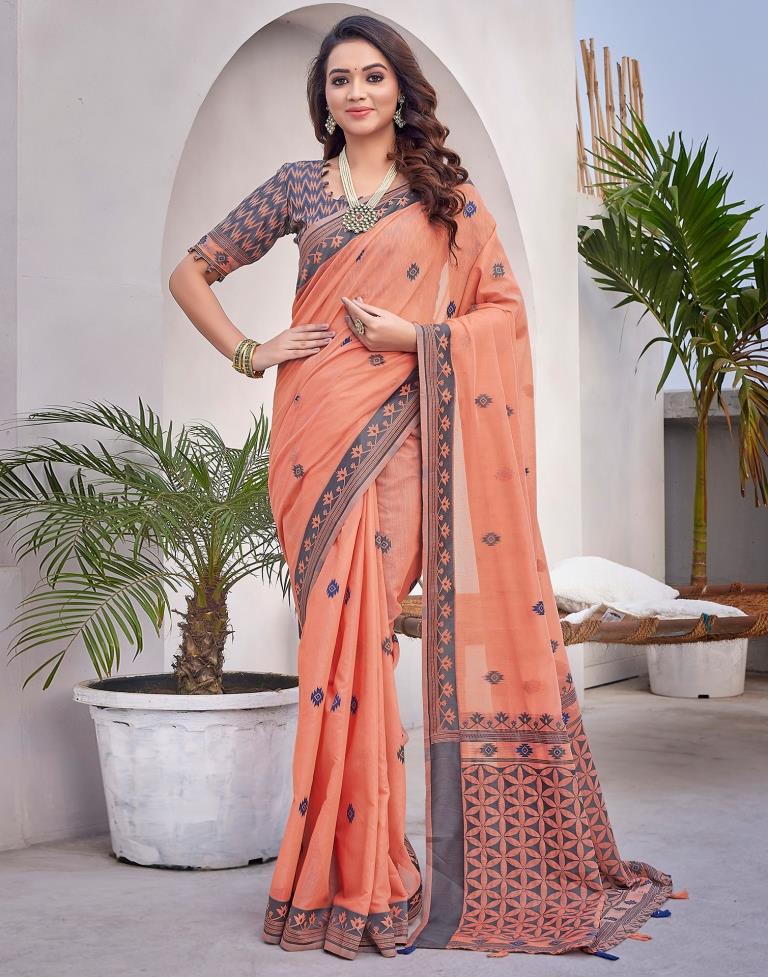 Peach  Silk Plain Saree