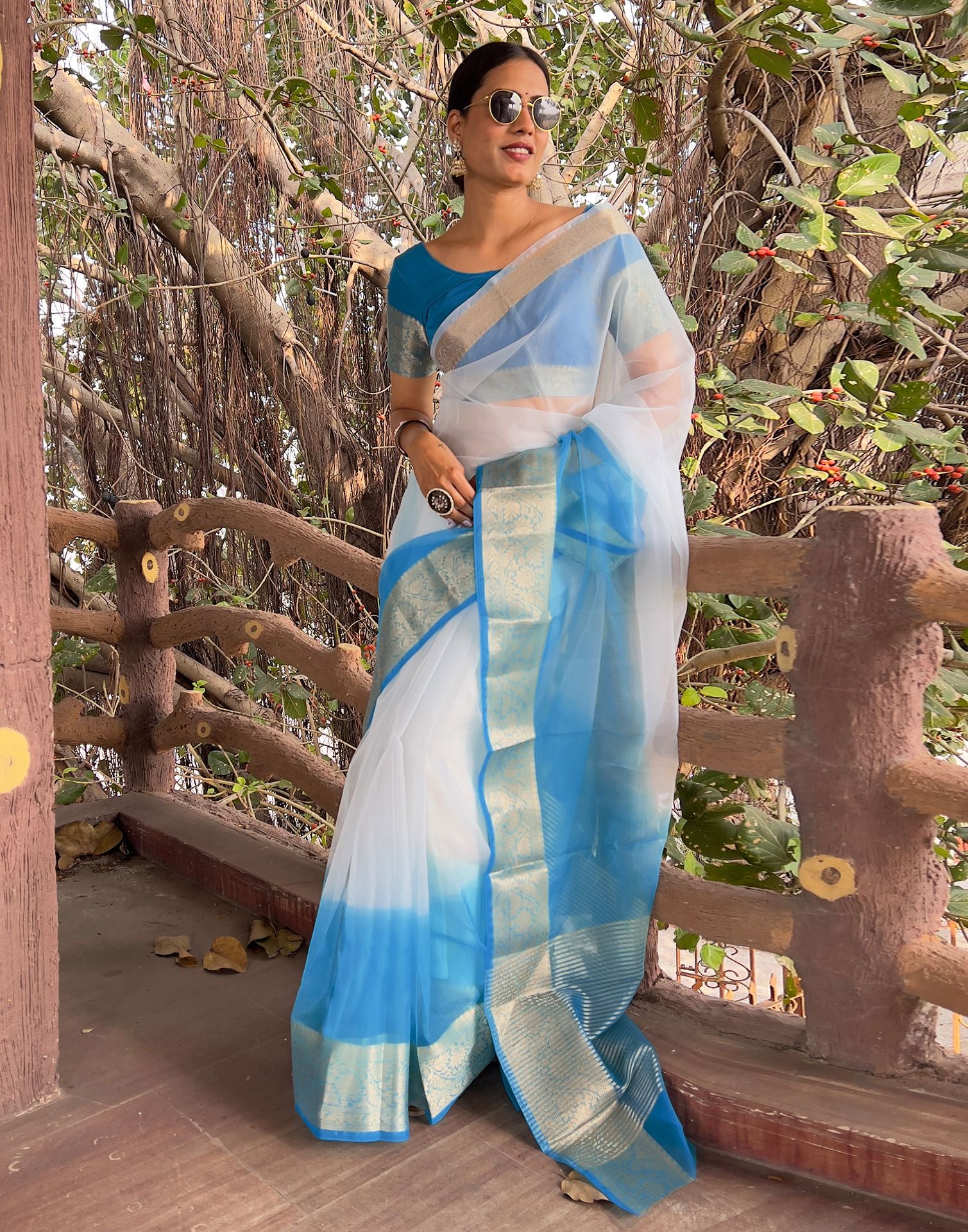 Blue Plain Organza Saree