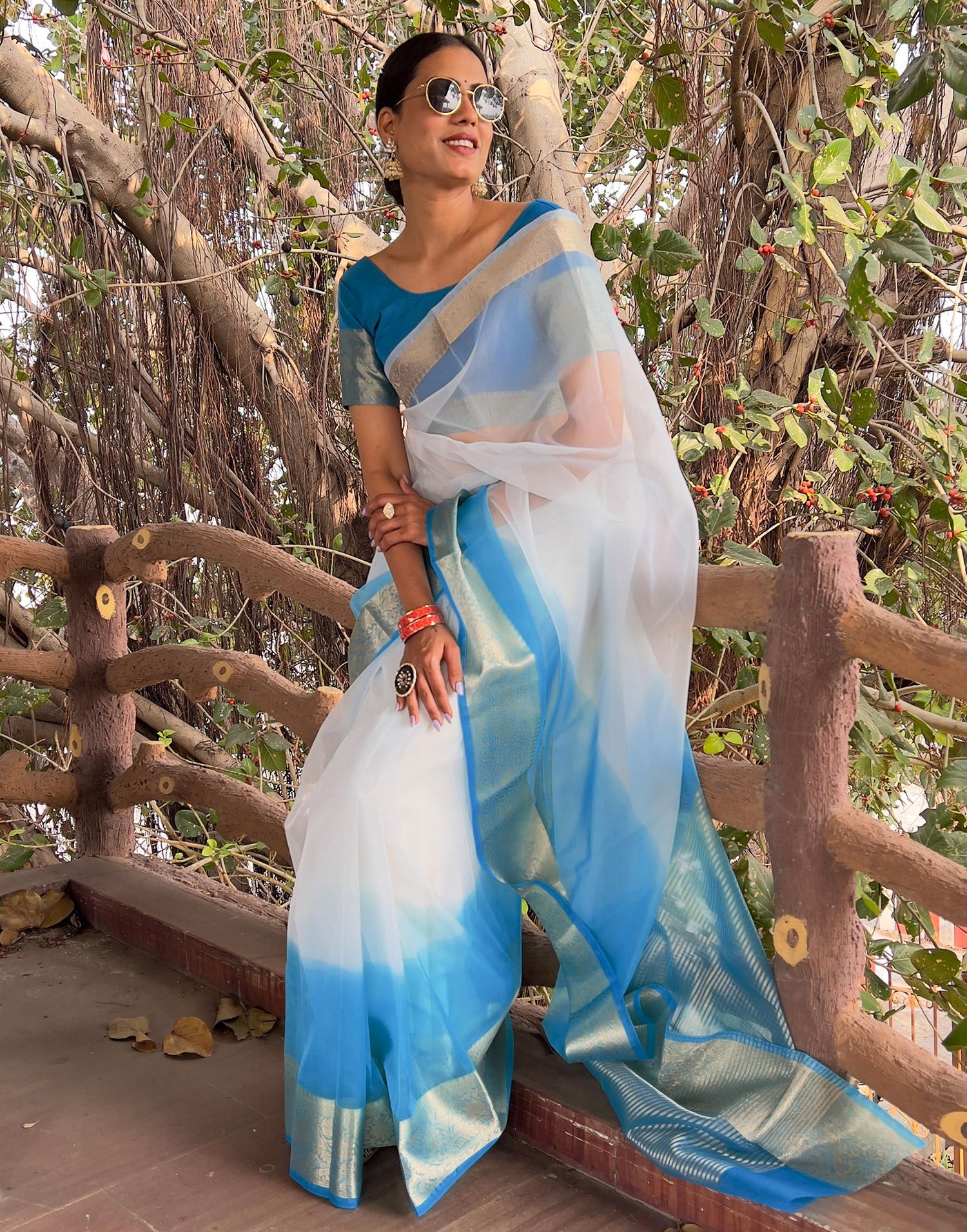 Blue Plain Organza Saree