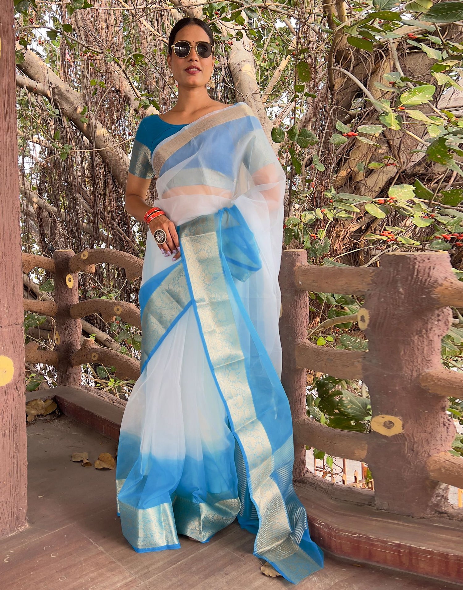 Blue Plain Organza Saree