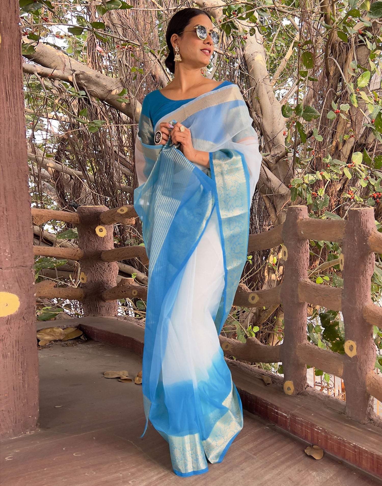 Blue Plain Organza Saree