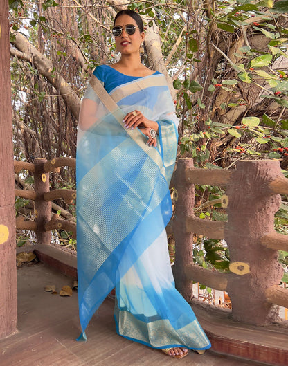 Blue Plain Organza Saree