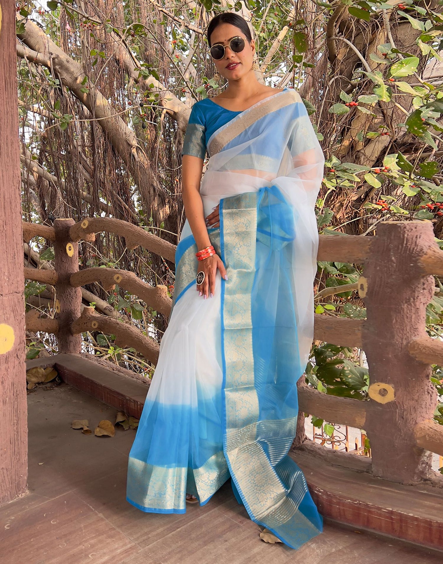 Blue Plain Organza Saree