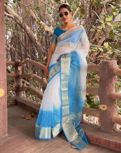 Blue Plain Organza Saree