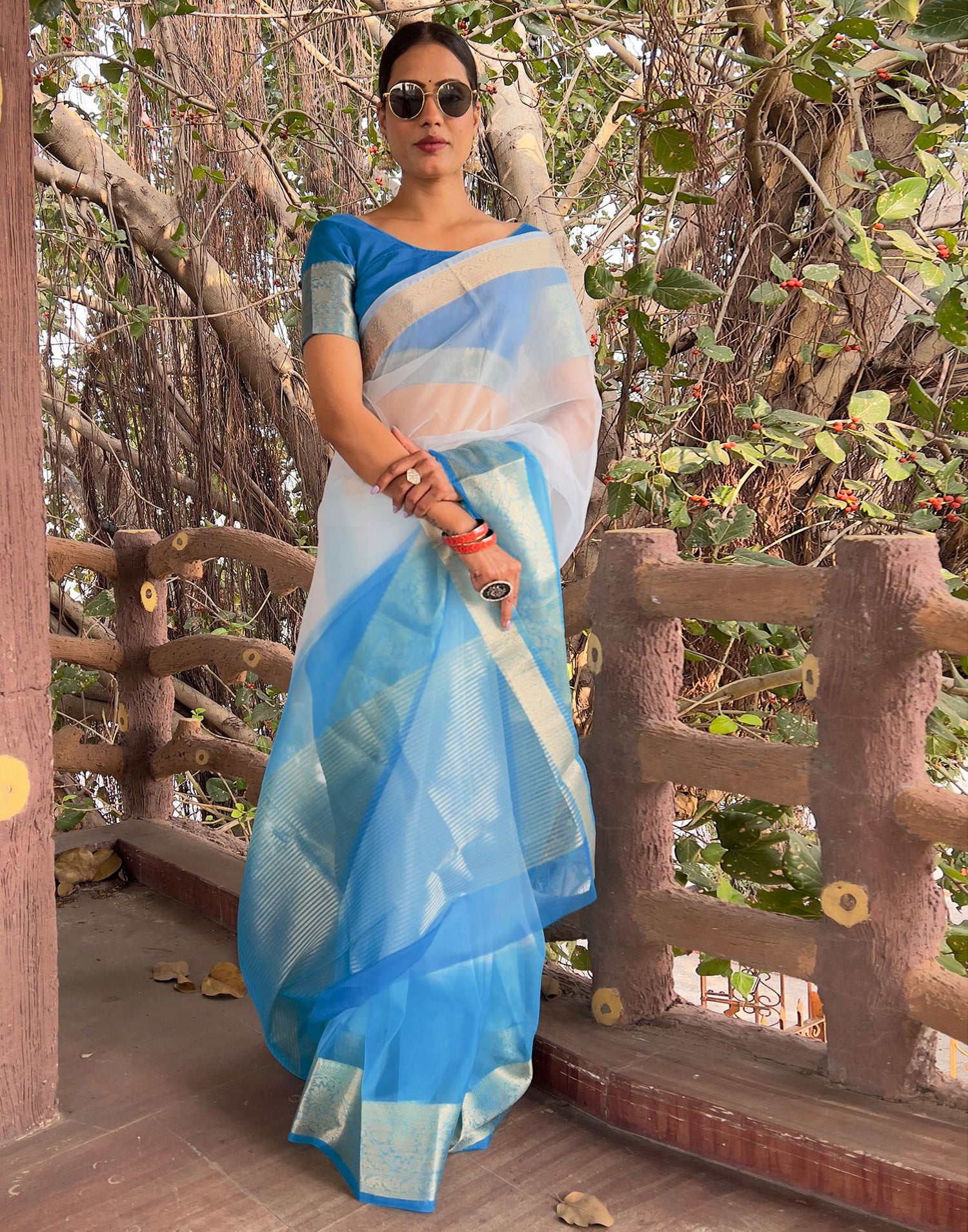 Blue Plain Organza Saree