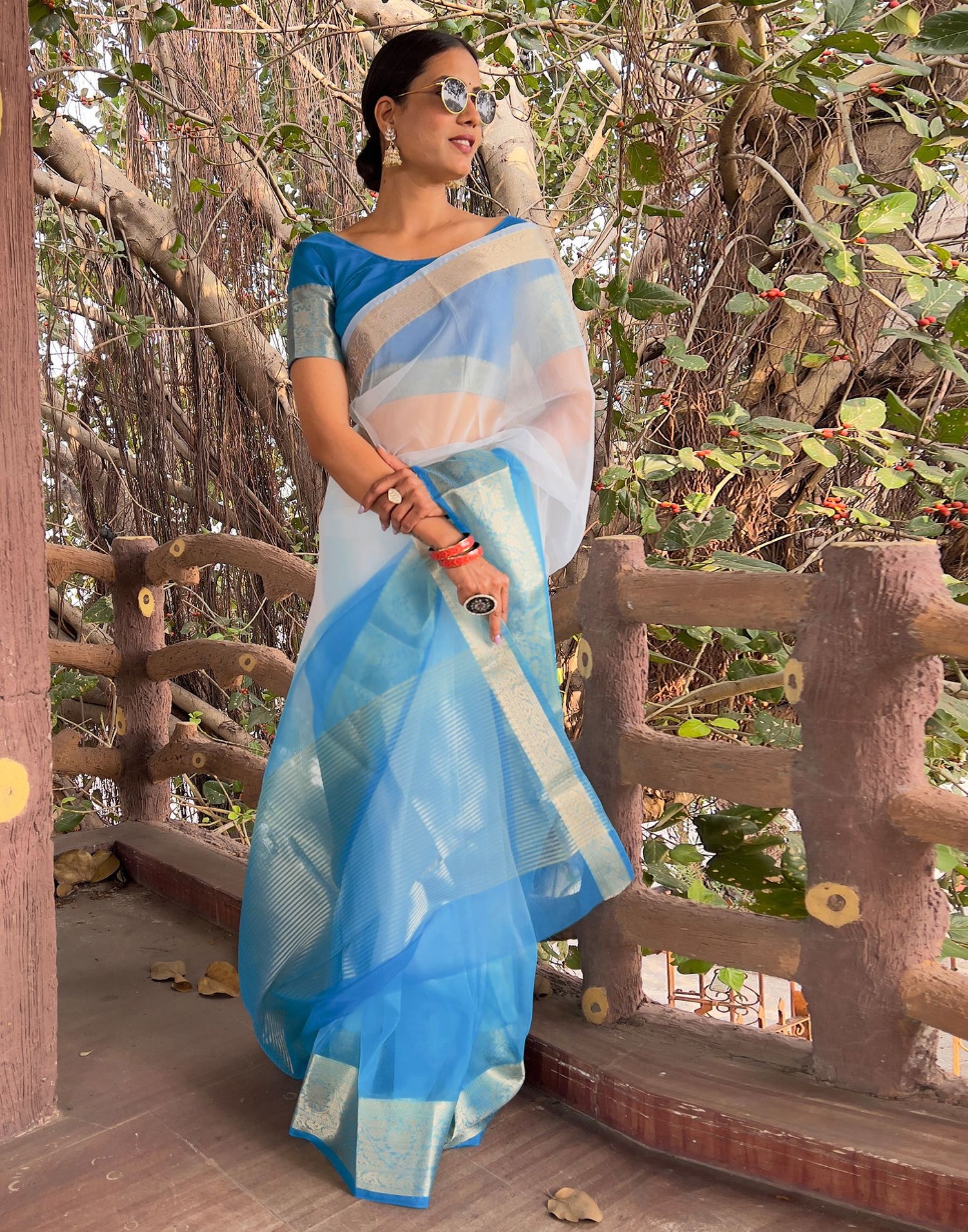 Blue Plain Organza Saree