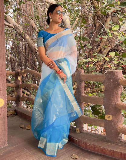 Blue Plain Organza Saree