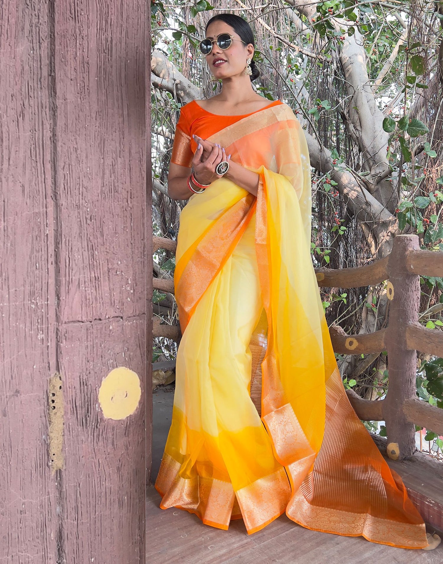 Orange Yellow Plain Organza Saree