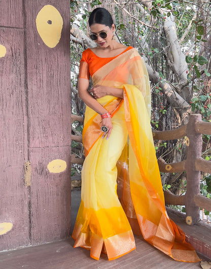 Orange Yellow Plain Organza Saree