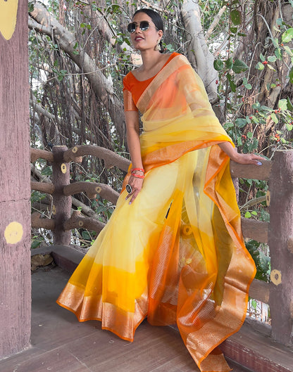 Orange Yellow Plain Organza Saree