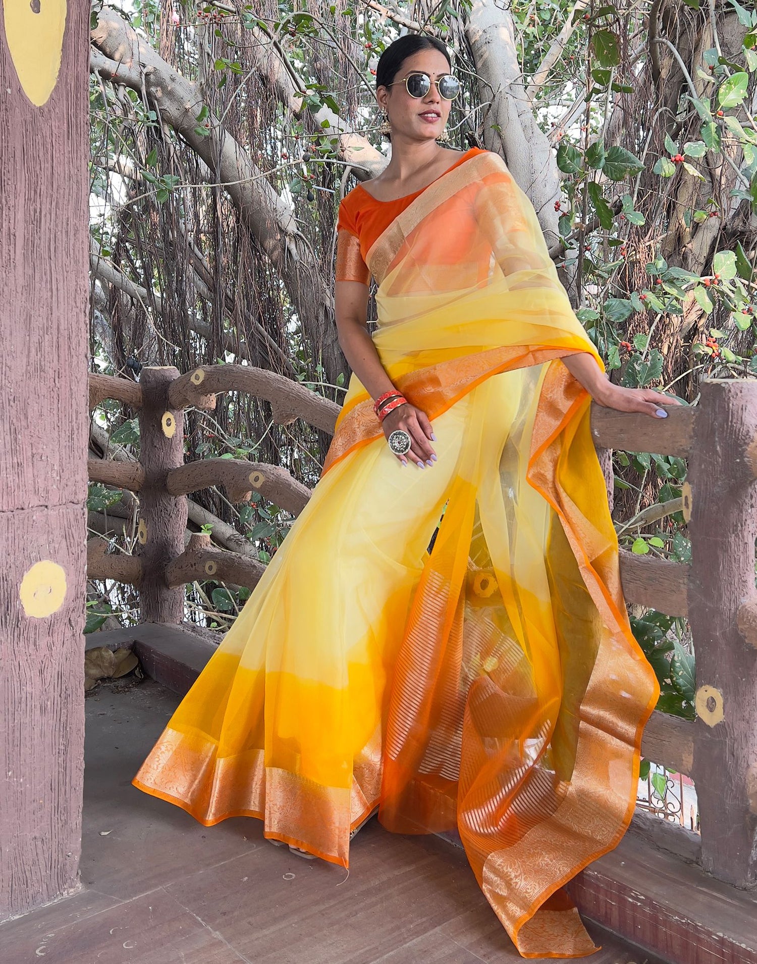 Orange Yellow Plain Organza Saree