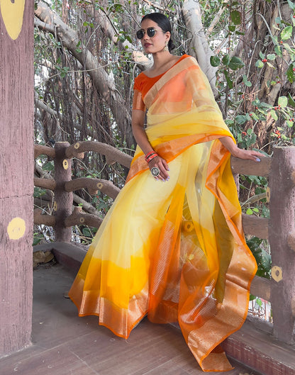 Orange Yellow Plain Organza Saree