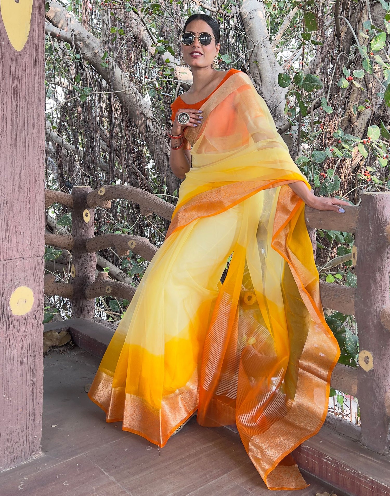 Orange Yellow Plain Organza Saree