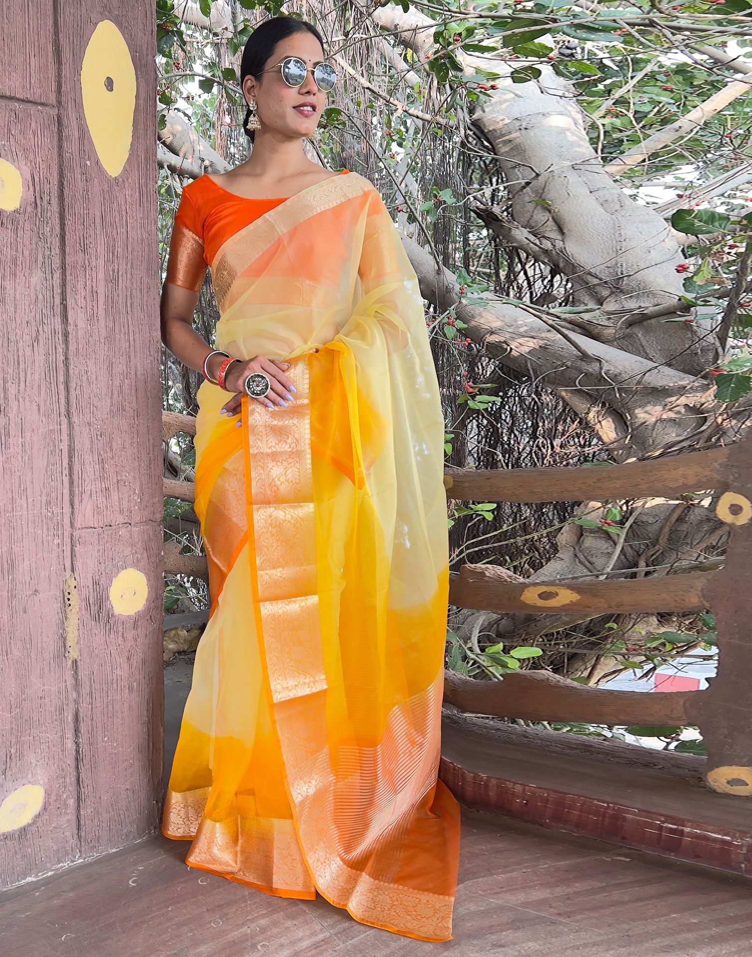 Orange Yellow Plain Organza Saree