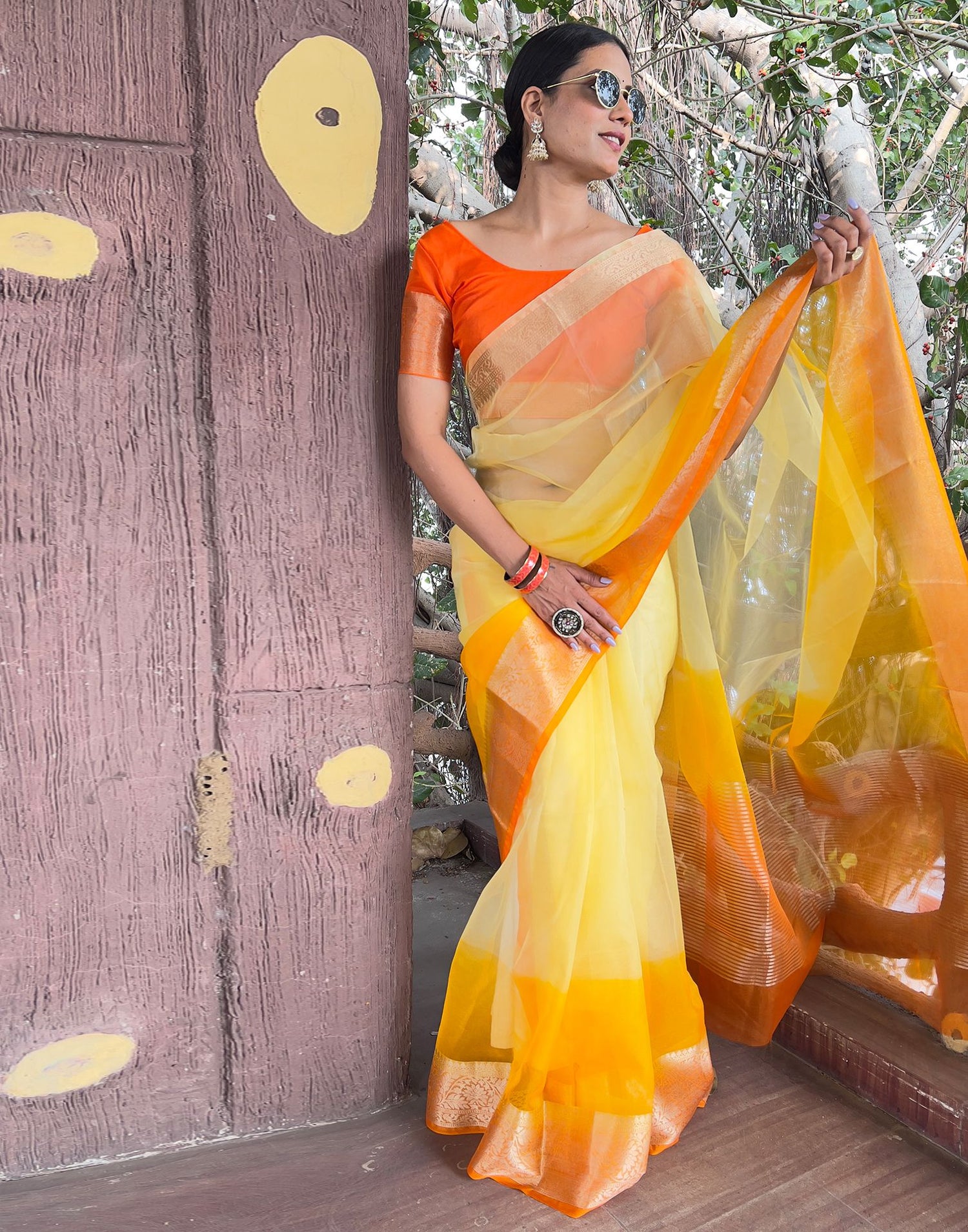 Orange Yellow Plain Organza Saree