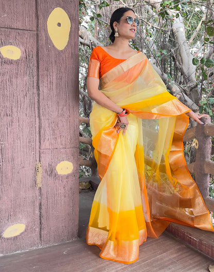 Orange Yellow Plain Organza Saree