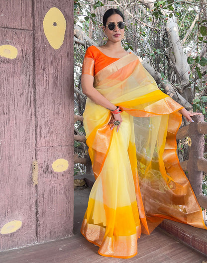 Orange Yellow Plain Organza Saree