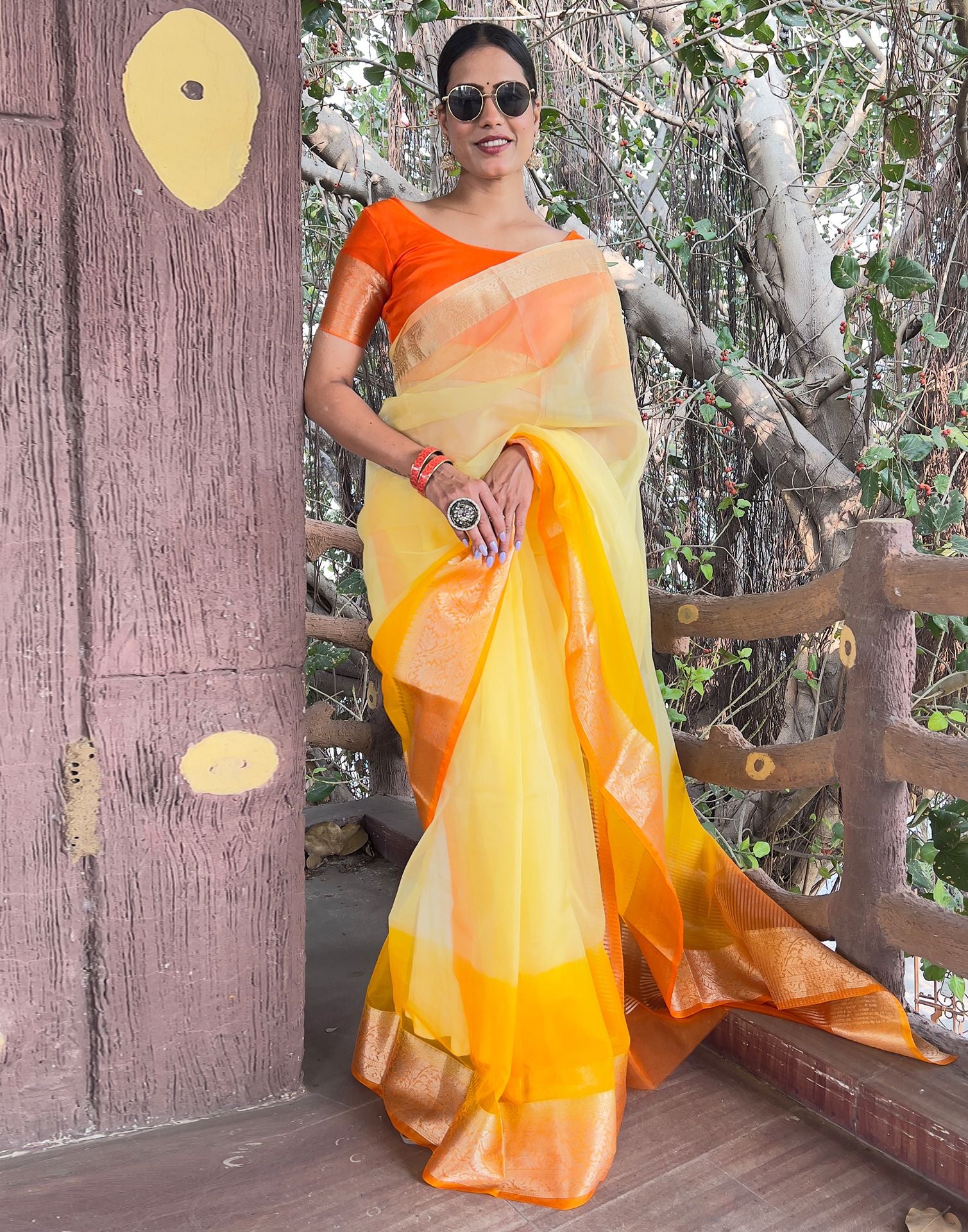 Orange Yellow Plain Organza Saree