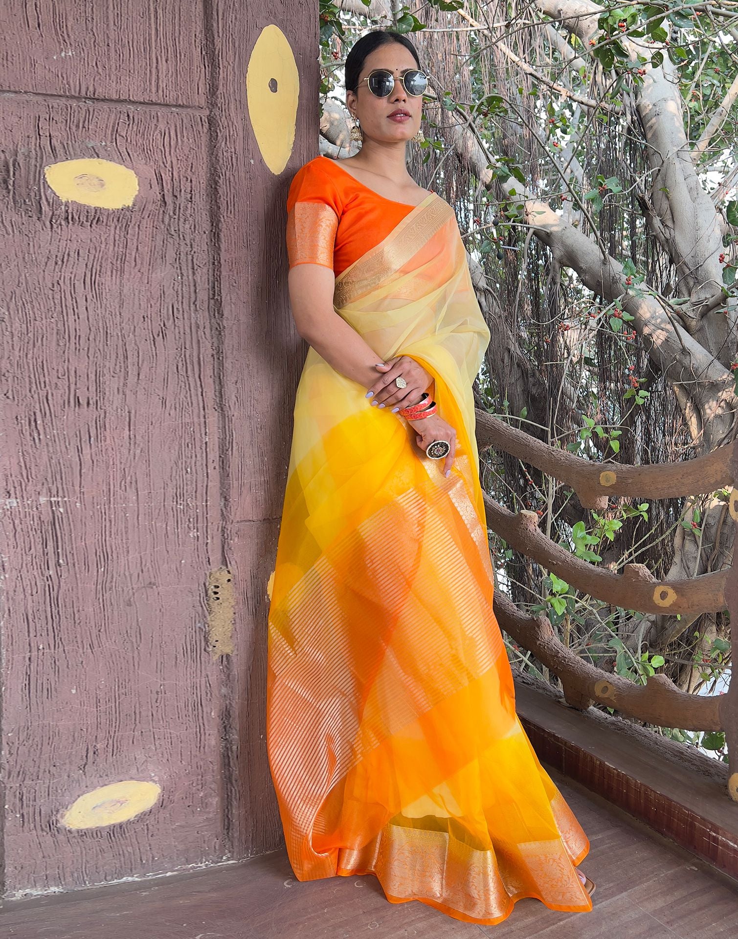 Orange Yellow Plain Organza Saree