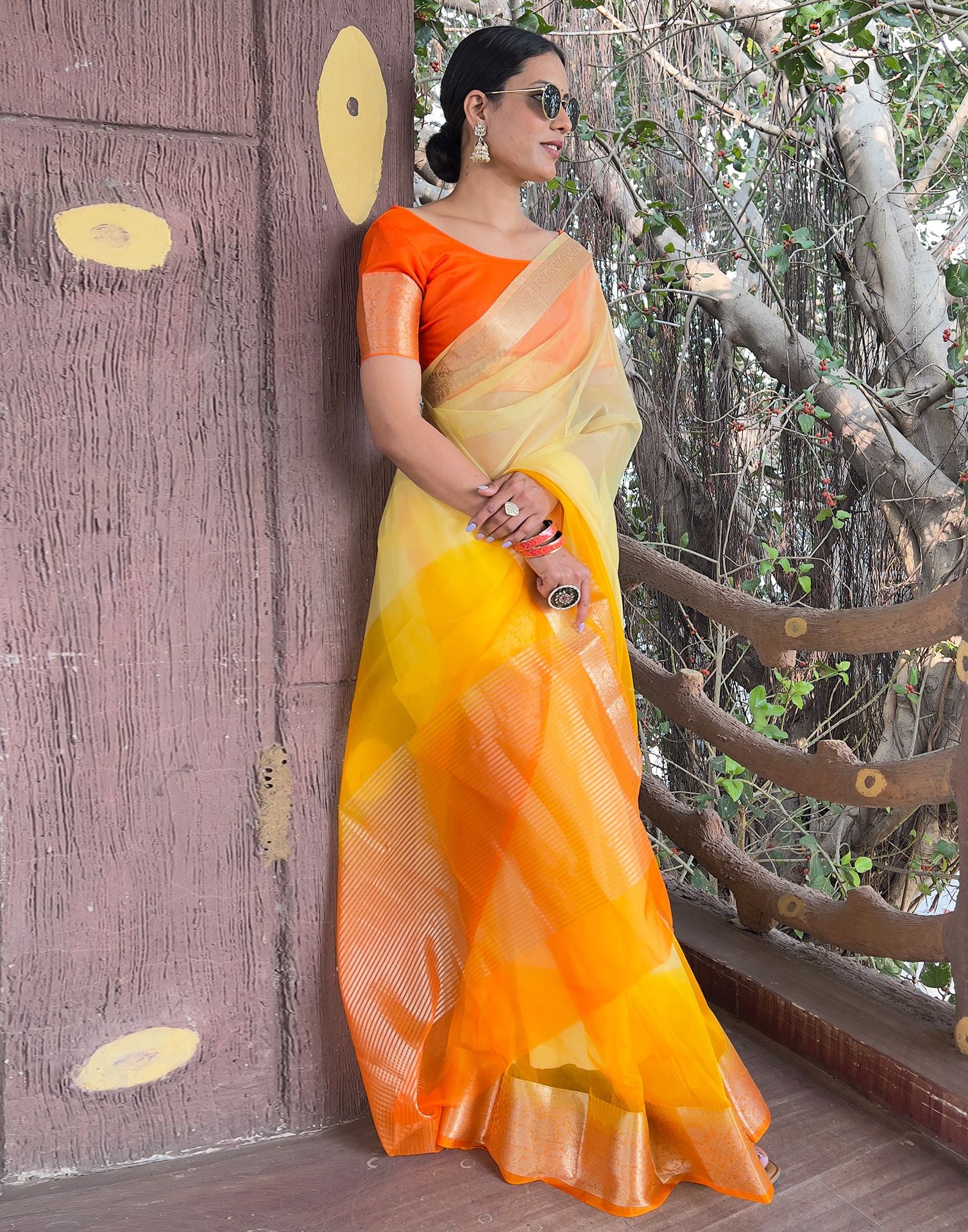 Orange Yellow Plain Organza Saree