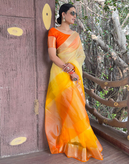 Orange Yellow Plain Organza Saree