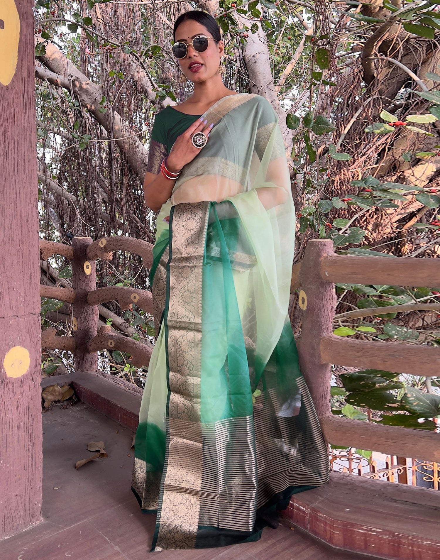 Dark Green Plain Organza Saree