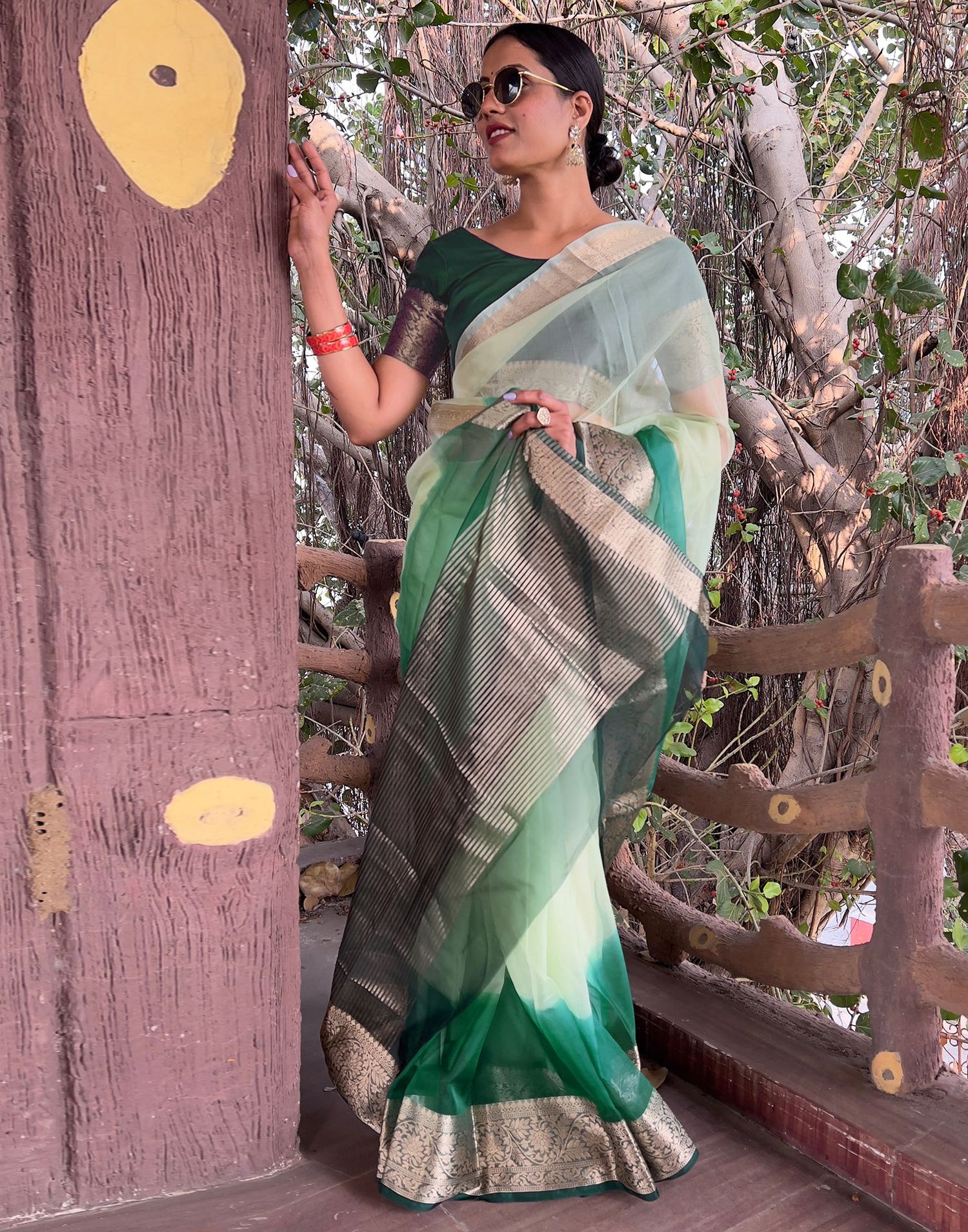 Dark Green Plain Organza Saree