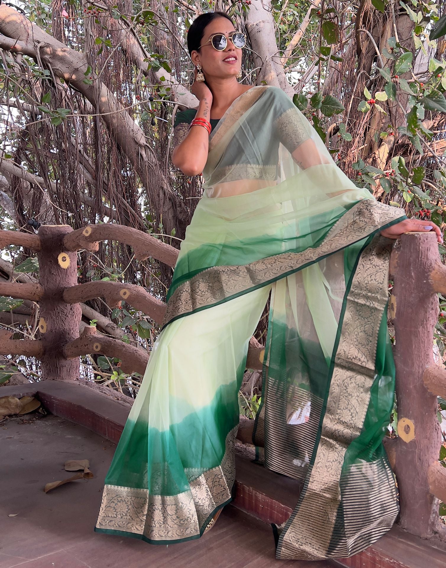 Dark Green Plain Organza Saree