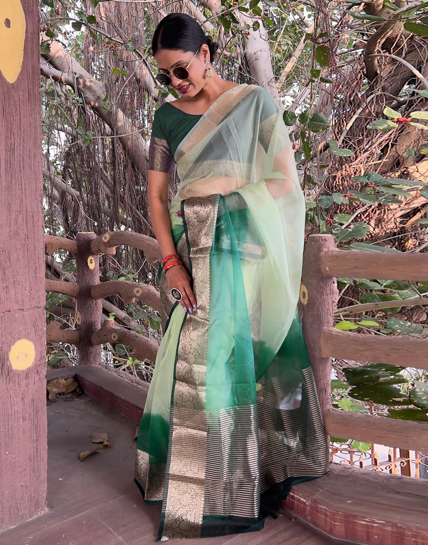 Dark Green Plain Organza Saree