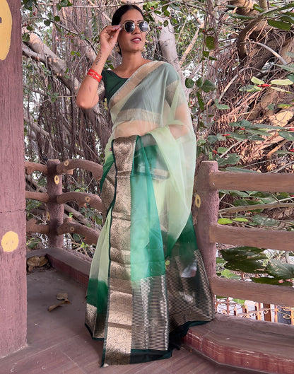 Dark Green Plain Organza Saree