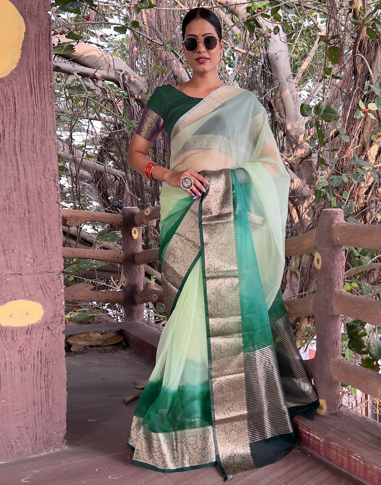 Dark Green Plain Organza Saree