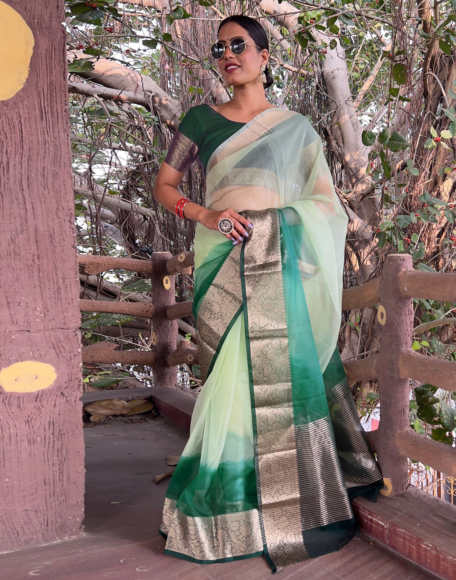 Dark Green Plain Organza Saree